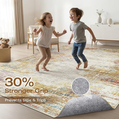 9x12 Area Rugs Living Room: Washable Large Neutral Rug Abstract Soft Modern Stain Resistant Indoor Floor Non-Slip Carpet for Bedroom Nursery Kids Classroom Playroom Dining Room Office- Gold Colorful