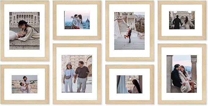 VELISTA 8 Piece Large Rectangle Gallery Wall Frame Set - Rustic Photo Frame Set with Mat 5x7/8x10 - Picture Frame Set for Wall Collage made of Composite Wood – Farmhouse Assorted Picture Frames(Oak)