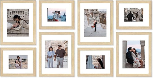 VELISTA 8 Piece Large Rectangle Gallery Wall Frame Set - Rustic Photo Frame Set with Mat 5x7/8x10 - Picture Frame Set for Wall Collage made of Composite Wood – Farmhouse Assorted Picture Frames(Oak)