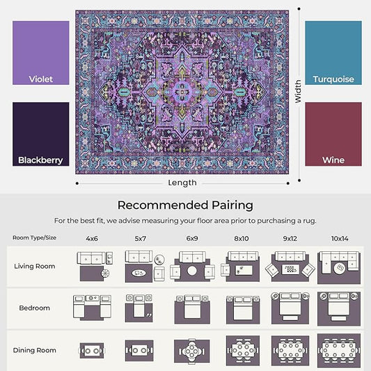 Kokia 5x7 Washable Area Rugs Violet Purple with Vintage Orient Design, Soft Rug for Living Room or Bedroom, Non-Slip Low Pile Stain Resistance Features, Distressed Medallion Pattern