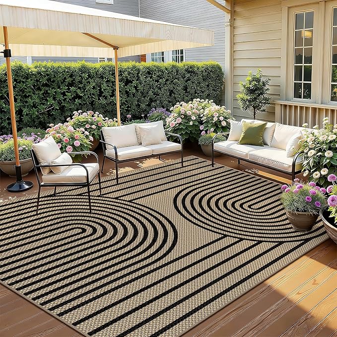 Easy Jute Rug for Living Room, 5' x 7' Area Rug, Black Farmhouse Ultra-Thin Washable Non-Slip Outdoor Rug for Bedroom, Dining Room, Backyard, Home Decor