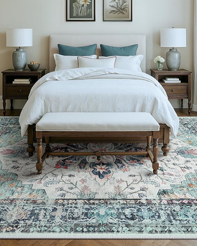 RELEANY Area Rugs 10'x14' Washable Non-Slip, Floral Vintage Distress Print Pattern Medallion Carpet for Living Room Bedroom Dining Room, Green Navy Blue White Red Teal Colorful