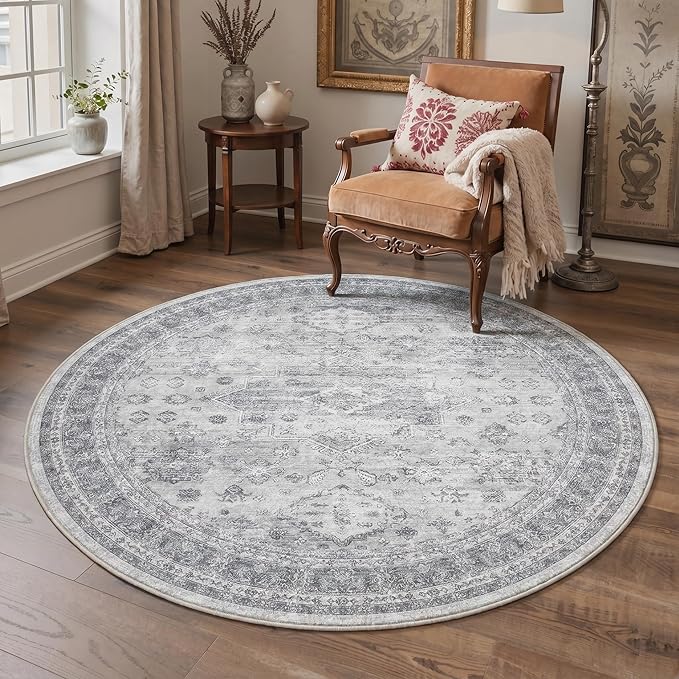 GENIMO 5FT Round Area Rugs for Living Room, Circle Rugs Machine Washable Low Pile, Chenille Non Slip Vintage Rug for Bedroom, Dining Room, Home Office, Grey