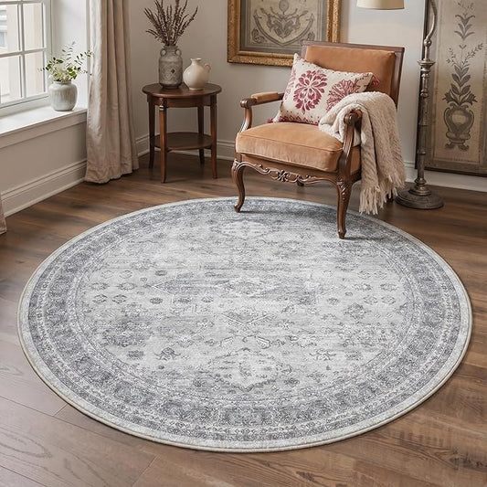 GENIMO 5FT Round Area Rugs for Living Room, Circle Rugs Machine Washable Low Pile, Chenille Non Slip Vintage Rug for Bedroom, Dining Room, Home Office, Grey
