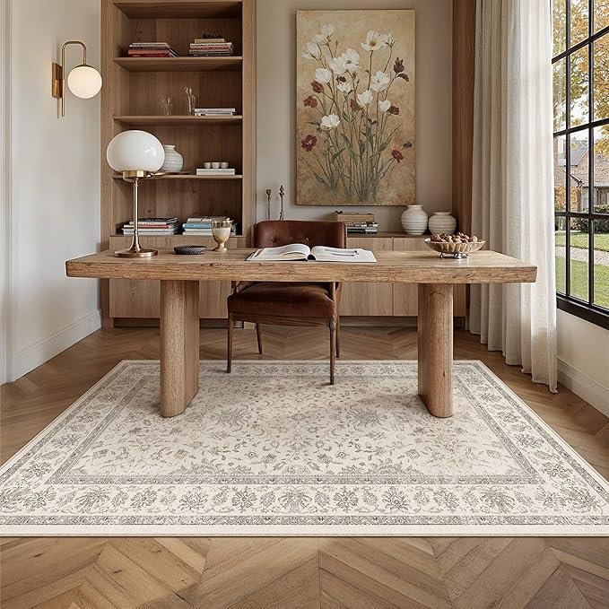 PureCozy 3x5 Area Rug Beige Washable Entryway Vintage Carpet Office Small Non Slip Stain Soft Resistant Low Pile Thin Boho Accent Indoor Throw Rug for Laundry Kitchen Bathroom Entrance Bedroom