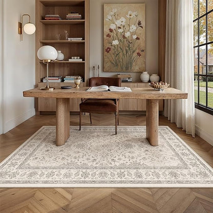 PureCozy 3x5 Area Rug Beige Washable Entryway Vintage Carpet Office Small Non Slip Stain Soft Resistant Low Pile Thin Boho Accent Indoor Throw Rug for Laundry Kitchen Bathroom Entrance Bedroom
