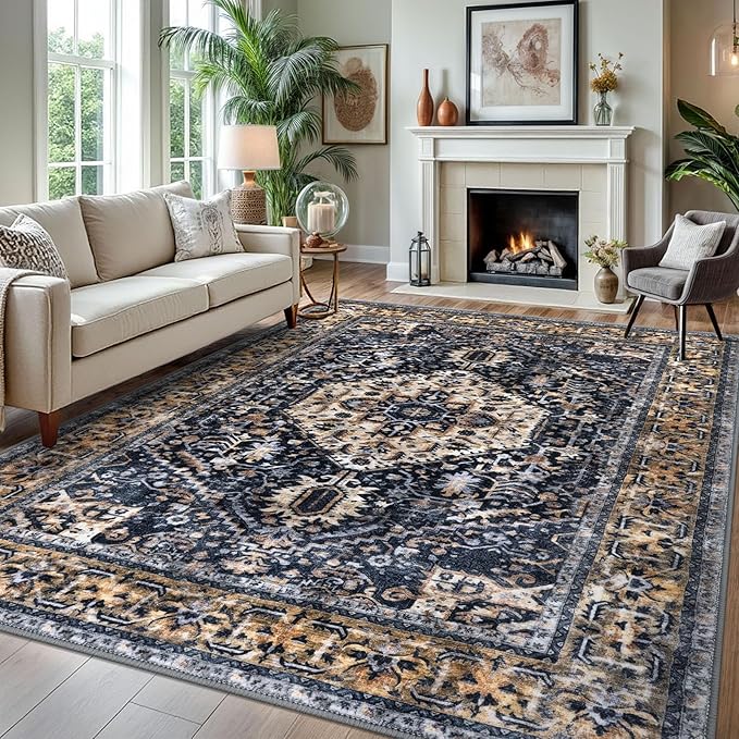 KOZYFLY Boho Area Rug 8x10 Ft Thin Rugs for Living Room Washable Bedroom Rug Non Slip Rugs for Living Room Gold/Orange/Navy Printed Faux Wool Vintage Bedroom Rug Floor Carpet