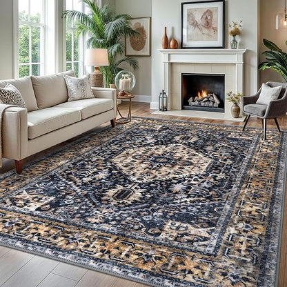 KOZYFLY Boho Area Rug 8x10 Ft Thin Rugs for Living Room Washable Bedroom Rug Non Slip Rugs for Living Room Gold/Orange/Navy Printed Faux Wool Vintage Bedroom Rug Floor Carpet