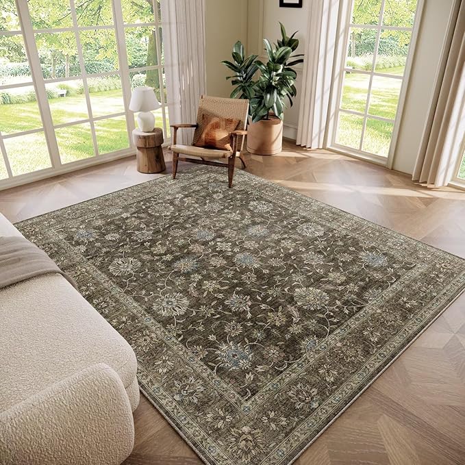 Washable 5x7 Area Rugs for Living Room, Boho Non-Slip Vintage Rugs for Bedroom Dining Room Nursery Office, 0.3" Neutral Oriental Throw Thin Carpet with Cushioning Pad, Tan/Flaxen/Multi, E2