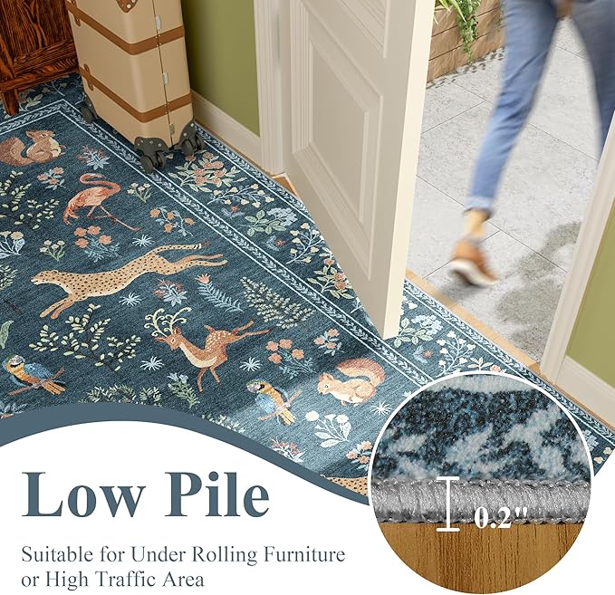 DUKINO 6x9 Rug, Washable Animal Living Room Rug with Non Slip Vintage Design, Soft Low Pile Large Carpet for Bedroom, Nursery, Dining Room, Farmhouse, Playroom, Blue
