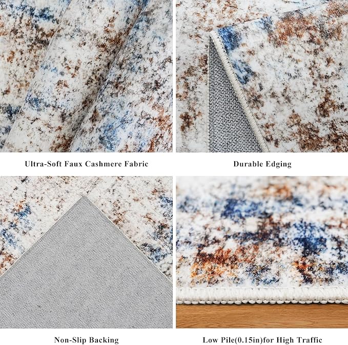 10x10 ft Square Living Room Rug – Washable Modern Abstract Area Rug for Bedroom, Dining Room, Playroom – Neutral Non-Slip Low-Pile Thin Indoor Carpet（Blue Brown）