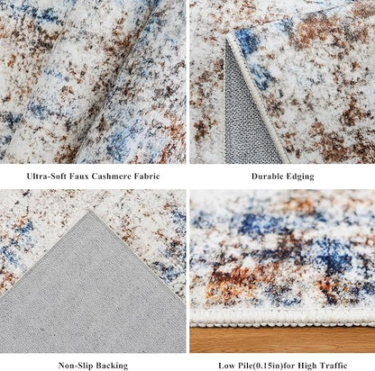 3x4 Rug Washable for Entryway - Non-Slip Modern Small Indoor Area Rug for Bathroom,Living Room，Bedroom - Abstract Neutral Soft Low-Pile Throw Mat with Rubber Backing (Blue Brown)