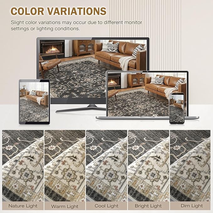 Area Rug for Living Room - 5x7 Soft Washable Oriental Vintage Floral Distressed Large Carpet - Fade Stain Resistant Non Slip Rugs for Bedroom Dining Room Nursery Dorm Office Home Decor - Black