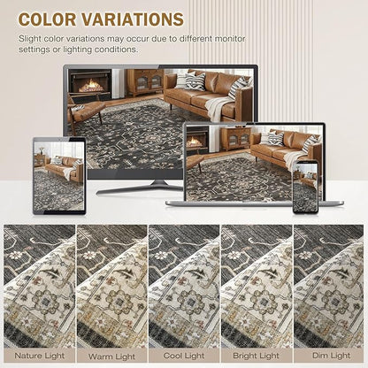 Area Rug for Living Room - 7x9 Soft Washable Oriental Vintage Floral Distressed Large Carpet - Fade Stain Resistant Non Slip Rugs for Bedroom Dining Room Nursery Dorm Office Home Decor - Black
