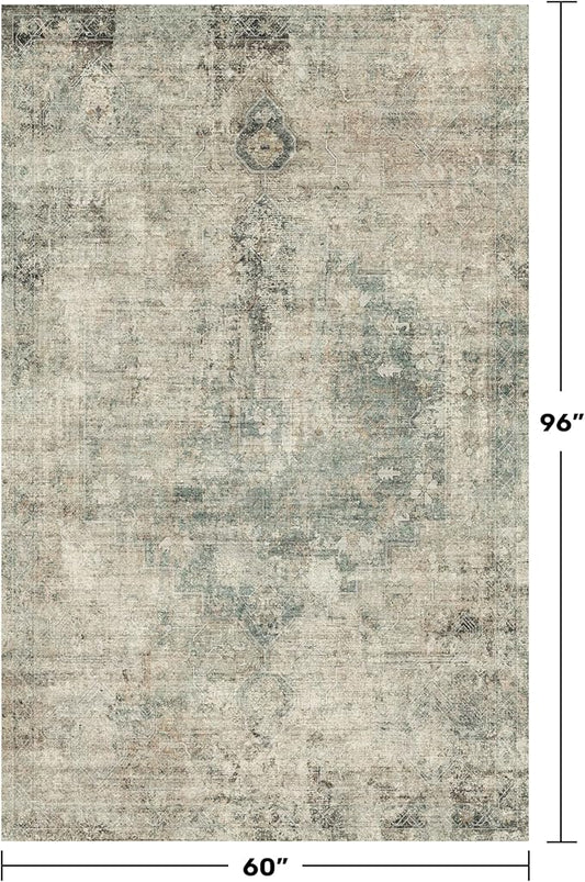 Hazo Haus Tan and Moss Rugs for Dining Room - Neutral Abstract Faded Patterned Accent Rug 5x8 for Living Room, Home Office, Bedroom Foldable Soft Washable