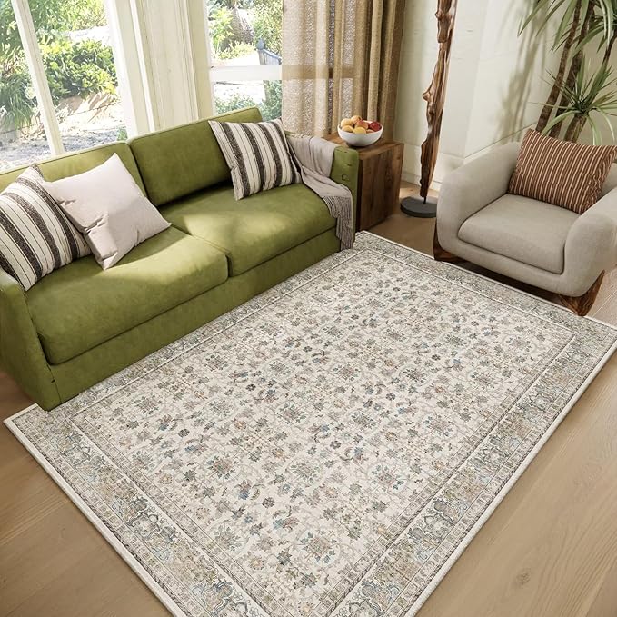 Washable 4x6 Rugs for Living Room, Boho Non-Slip Vintage Distress Small Rugs for Bedroom Nursery Office, 0.3" Neutral Oriental Throw Thin Carpet with Cushioning Pad,Cream/Blue/Orange/Multi,A2
