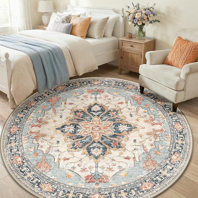 RELEANY Area Rugs Round 6ft Washable Non-Slip, Floral Vintage Distress Print Pattern Medallion Carpet for Living Room Bedroom Dining Room, Beige Navy Blue Orange Colorful