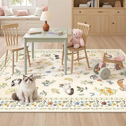 Soalmost Cat 4x6 Area Rugs, Machine Washable Animal Floral Accent Rug Non-Slip Low Pile Soft Throw Rugs for Entryway Kitchen Bedside Living Room Bedroom Nursery Playroom (4 x 6,Beige)