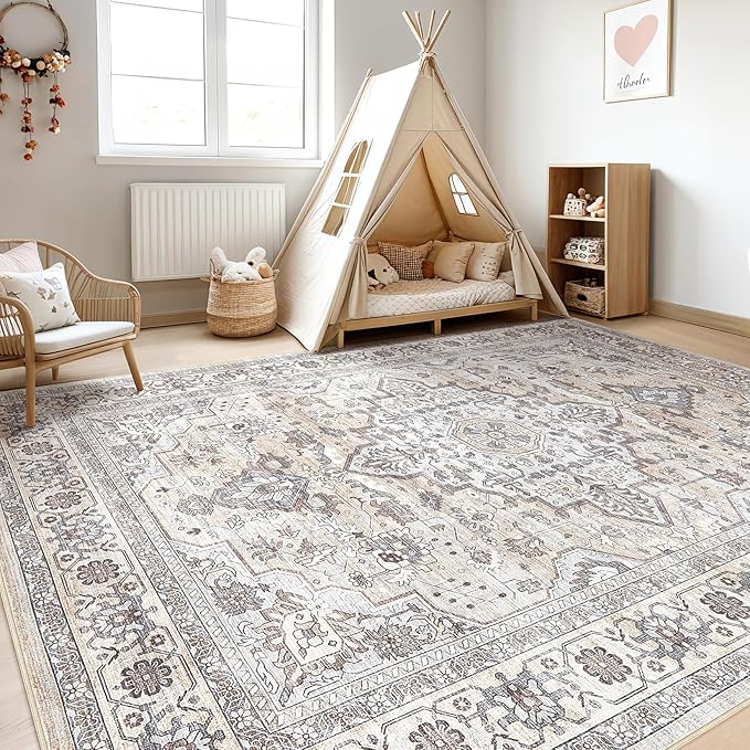 12x15 Area Rug Living Room: Washable Boho Large Neutral Vintage Soft Rugs Stain Resistant Farmhouse Non-Slip Indoor Floor Carpet for Bedroom Nursery Kids Office Dining Room- Ivory Gray