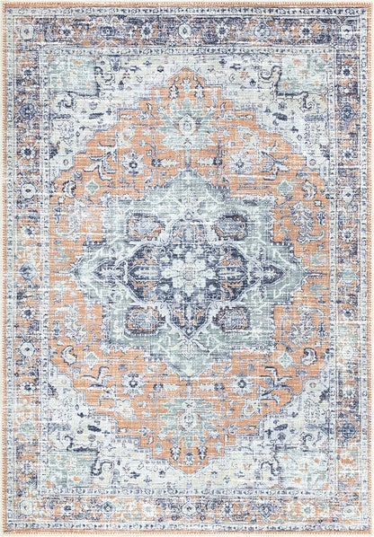 Bloom Rugs Washable Non-Slip 4' x 6' Rug - Peach/Blue Traditional Area Rug for Living Room, Bedroom, Dining Room, and Kitchen - Exact Size: 4' x 6'