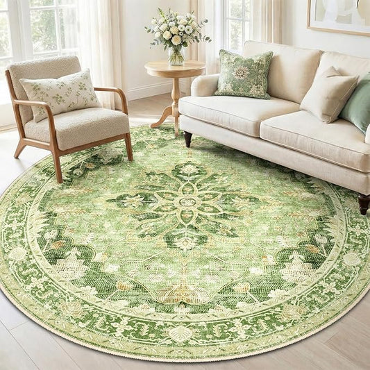 RELEANY Area Rugs Round 6ft Washable Non-Slip, Floral Vintage Distress Print Pattern Medallion Carpet for Living Room Bedroom Dining Room, Sage Green Yellow