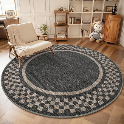 4ft Washable Round Rug for Entryway Modern Checkered Bedroom Circle Rug Non Slip Soft Dining Room Round Throw Carpet Small Stain Resistant Border Round Rugs for Living Room Kitchen Bathroom, Black