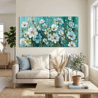 BQVCT White Daisy Floral Wall Art 30x58 Inch Large Gallery Wrapped Canvas Print Turquoise Blue Botanical Painting on Textured Background Ready to Hang for Living Room Bedroom Office Decor