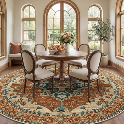 RELEANY Area Rugs Round 10ft Washable Non-Slip, Floral Vintage Distress Print Pattern Medallion Carpet for Living Room Bedroom Dining Room, Red Orange Blue Brown