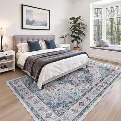zesthome 6x9 Area Rugs, Machine Washable Rugs for Living Room, Bedroom,Stain Resistant Vintage Large Area Rug,Non-Slip Medallion Pattern Home Decor Rugs (Blue,6'x9')