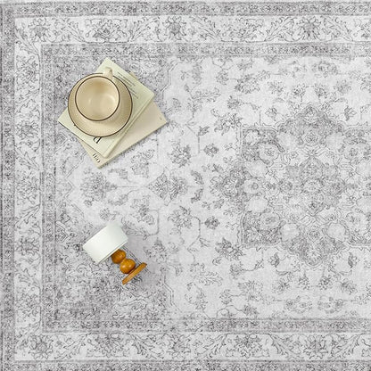 PureCozy Grey Gray Area Rug 3x5 Washable Vintage Carpet for Entryway Office Soft Retro Kitchen Low Pile Thin Door Mat Non Slip Oriental Medallion Throw Rug for Bathroom Bedroom Dining Living Room