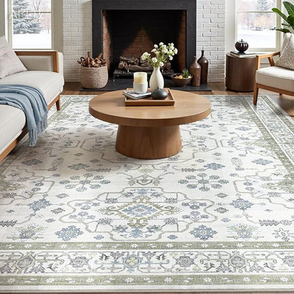 Area Rug 7x9 for Living Room - Washable Oriental Vintage Floral Distressed Large Indoor Carpets with Non Slip Back for Bedroom Dining Room Nursery Office Home Decor -Light Green