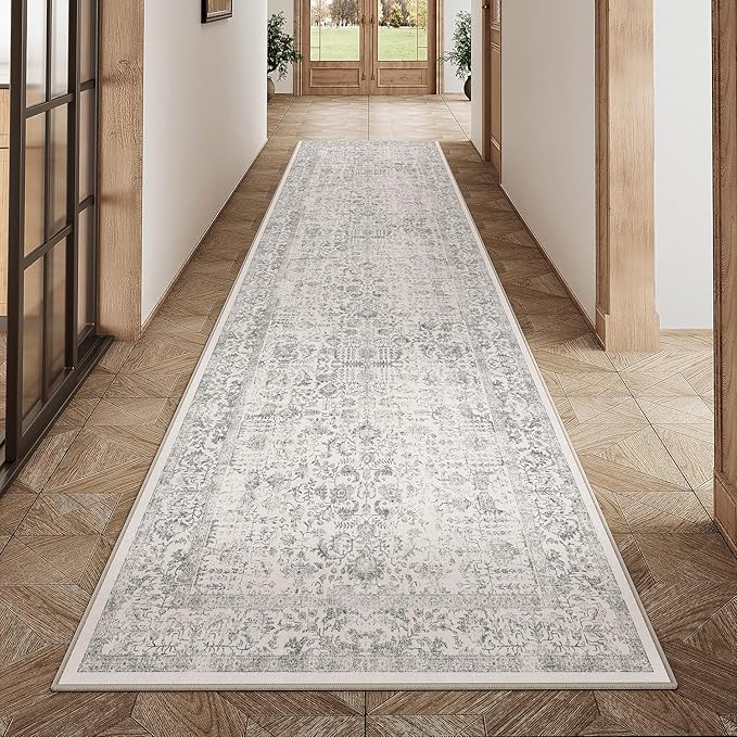 PureCozy Gray Runner Rug 3x12 Hallway Machine Washable Kitchen Vintage Distressed Non Slip Long Carpet Indoor Grey Retro Floral Bedroom Accent Throw Rug for Bathroom Office Laundry Dining Living Room