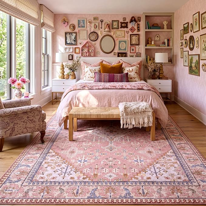 8x10 Area Rugs for Living Room, Machine Washable Low Pile Rug, Non Slip Backing Boho Rugs for Bedroom, Printed Soft Vintage Carpet Peach Pink 8 x 10