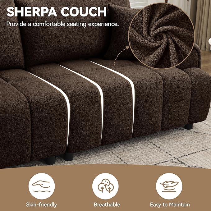 88 "Modern Boucle Sofa Couch, Oversized Comfy 3 Seater Sherpa Curved Sofas Deep Seat, Upholstered Loveseat Teddy Round Arm Couches for Living Room, Bedroom, Brown