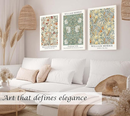 Induslyfe Large Framed Flower Wall Art Canvas Decor Set of 3, William Morris Framed Prints Mid Century Modern Art, Aesthetic Floral Botanical Wall Art for Bedroom Living Room Bathroom 18x24