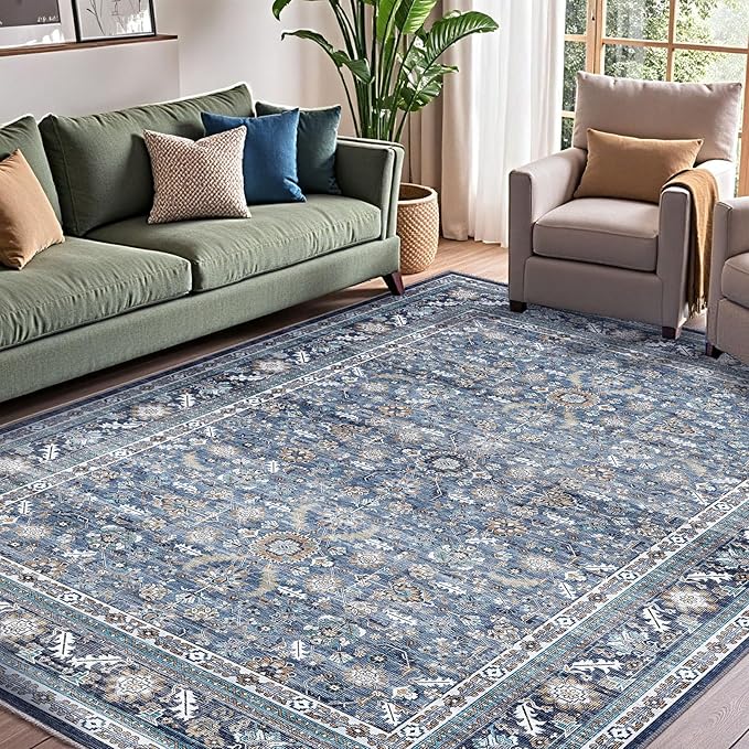 OPPODREAM Vintage Blue Area Rugs 10x14, 10 x 14 Retro Washable Rug Non Slip, Low-Pile Faux Wool Carpet, Distressed Navy Floor Mat for Living Room, Bedroom, Office, Dorm, Dinning Room, Big & Large