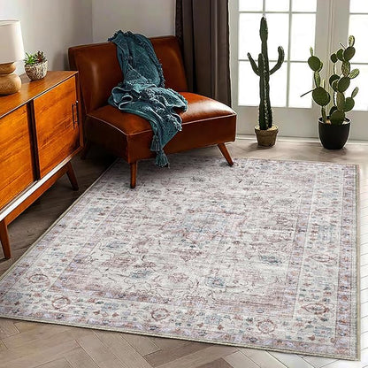 CHAMPLANT Washable Area Rug 4'x6' Traditional Floor Cover Foldable Thin Rugs Retro Kitchen Indoor Distressed Non Slip Carpet Floral Print Mat Bedroom Living Room