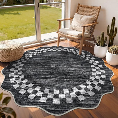 6ft Washable Round Rug for Entryway Modern Checkered Bedroom Circle Rug Non Slip Soft Dining Room Round Throw Carpet Large Stain Resistant Border Round Rugs for Living Room Kitchen Bathroom, Grey