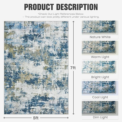 Area Rug 5x7 Living Room Rug Washable: No-Slip Abstract Soft Thin Large Blue Rugs, Indoor Floor Stain Resistant Modern Carpet for Bedroom Dining Room Farmhouse Nursery Home Office (Blue, 5'x7')