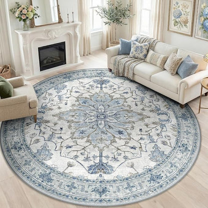 RELEANY Area Rugs Round 8ft Washable Non-Slip, Floral Vintage Distress Print Pattern Medallion Carpet for Living Room Bedroom Dining Room, Light Blue Navy Beige Gray White
