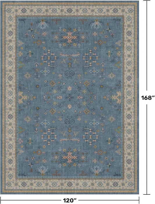 Hazo Haus Blue Big Rugs for Living Room - Dusty Blue 10x14 Area Rug for Large Bedroom, Dining Room, Washable Lightweight Low Pile Foldable Eclectic Modern Floral Home Décor