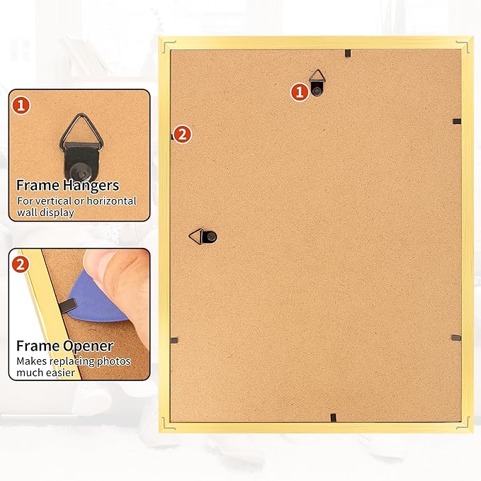 8.5x11 Picture Frame Set of 8, Gold Photo Frames for Gallery Wall Mounting, Display Pictures 6x8 with Mat or 8.5 by 11 Without, Certificate Frame with Plexiglass for Home Office Wall Decor