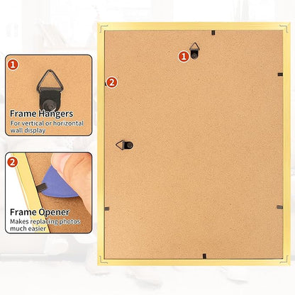 8.5x11 Picture Frame Set of 8, Gold Photo Frames for Gallery Wall Mounting, Display Pictures 6x8 with Mat or 8.5 by 11 Without, Certificate Frame with Plexiglass for Home Office Wall Decor