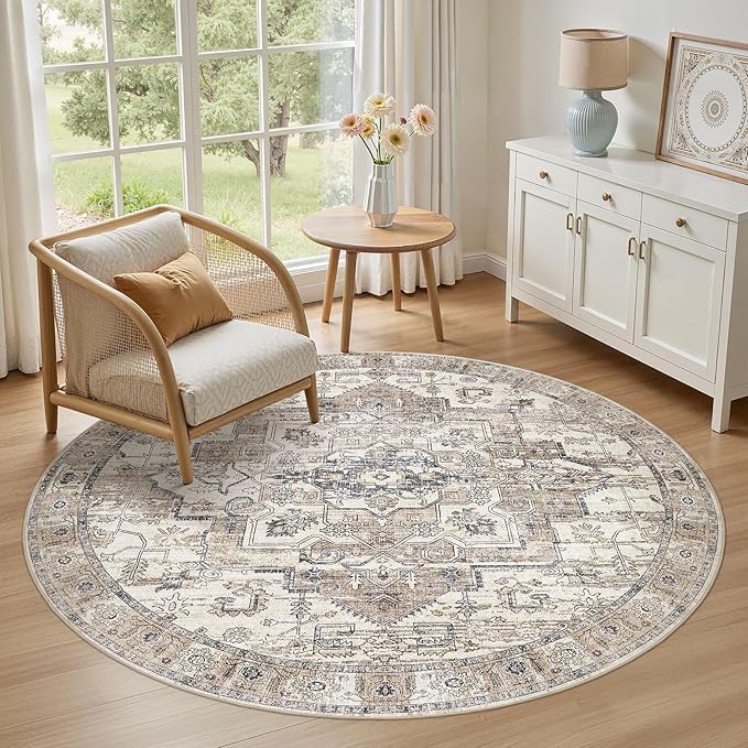 6x6 Round Area Rugs Washable Vintage - Soft Traditional Rugs for Living Room Large Non Slip Backing with Low Pile Farmhouse Oriental Retro Carpet for Bedroom Dining Room or Home Office - Tea Brown