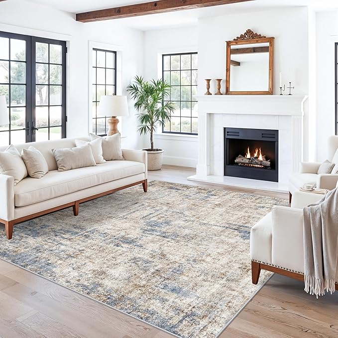 ZHXXUJ 7x7 Square Washable Area Rug, Non-Slip Indoor Rug for Living Room Bedroom Dining Room, Low Pile Stain Resistant Modern Abstract Neutral (Blue Brown)