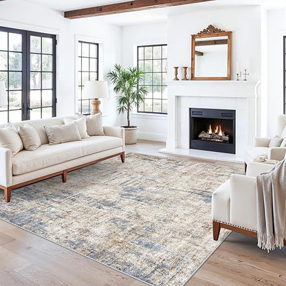ZHXXUJ 7x7 Square Washable Area Rug, Non-Slip Indoor Rug for Living Room Bedroom Dining Room, Low Pile Stain Resistant Modern Abstract Neutral (Blue Brown)