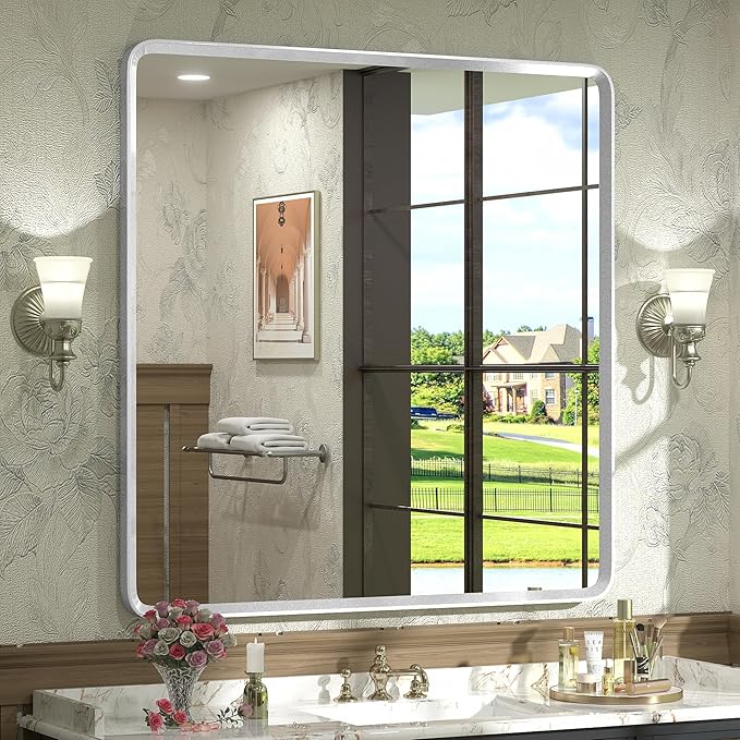 36x36 Square Silver Bathroom Mirror, Silverish Metal Framed Mirror, Rounded Rectangle Bathroom Vanity Mirror, Anti-Rust, Shatterproof