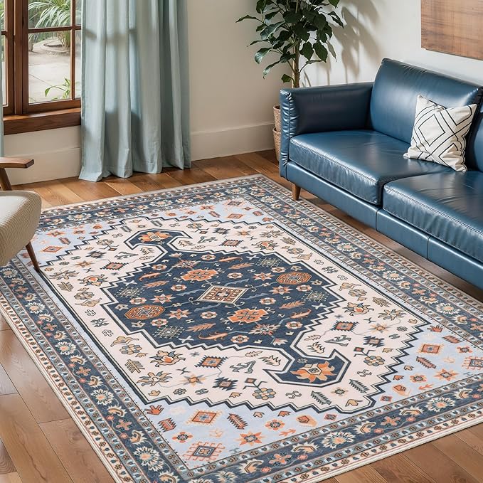 Tangsoo Vintage 3x5 Rug for Bedroom,Washable Rug,Boho Blue Beige Low Pile Carpet Floral Indoor Area Mat for Front Porch Living Room Patio Entryway
