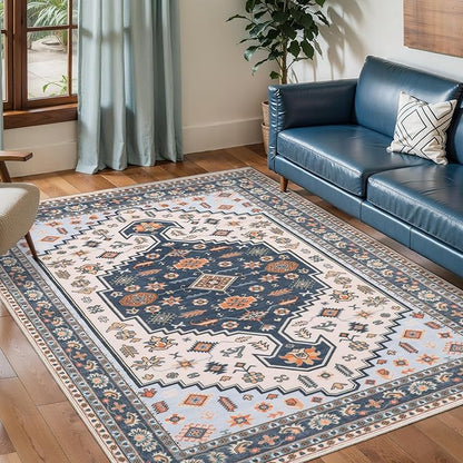 Tangsoo Vintage 3x5 Rug for Bedroom,Washable Rug,Boho Blue Beige Low Pile Carpet Floral Indoor Area Mat for Front Porch Living Room Patio Entryway