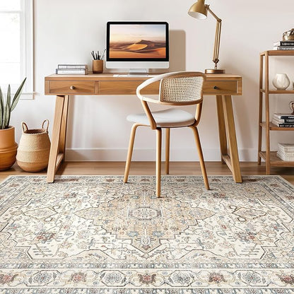 6x8 Area Rug Living Room: Washable Boho Large Neutral Vintage Soft Rugs Stain Resistant Farmhouse Non Slip Indoor Floor Carpet for Bedroom Nursery Kids Playroom Office Dining Room- Cream Blue